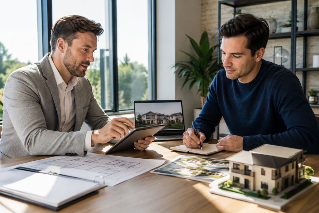 Two men discuss architectural plans at a modern office table, with a laptop, notebook, and a building model visible.