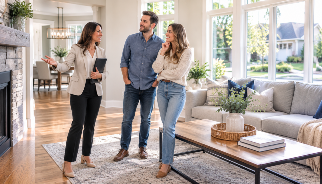 Real estate agent showing a modern, sunlit living room to a smiling couple. The room features a fireplace, large windows, and cozy furnishings.