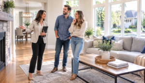 Real estate agent showing a modern, sunlit living room to a smiling couple. The room features a fireplace, large windows, and cozy furnishings.